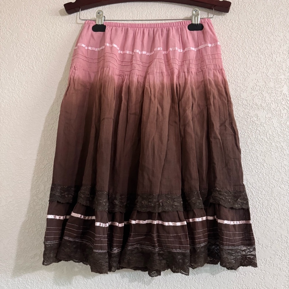 Kiwi Pink and brown burn out 90s style skirt with pink lace & ribbon 🎀 trim